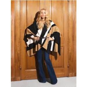 Parrish LA Stevie Colorblock Poncho Wrap Black Camel Ivory OS Rachel Zoe